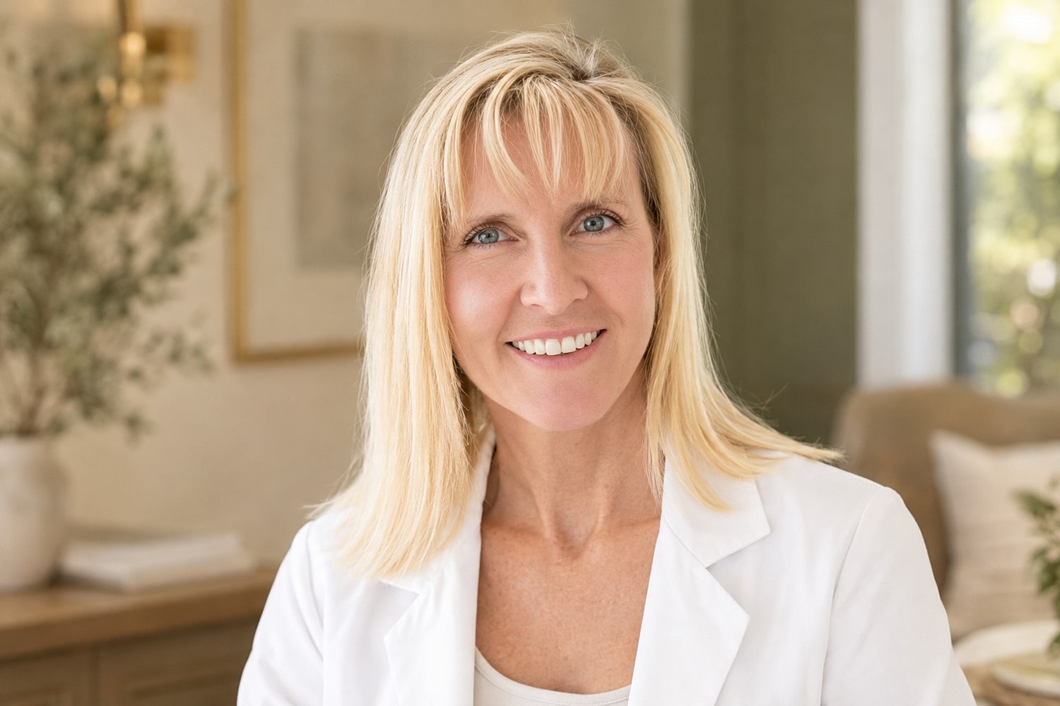 Smiling professional woman in white coat.