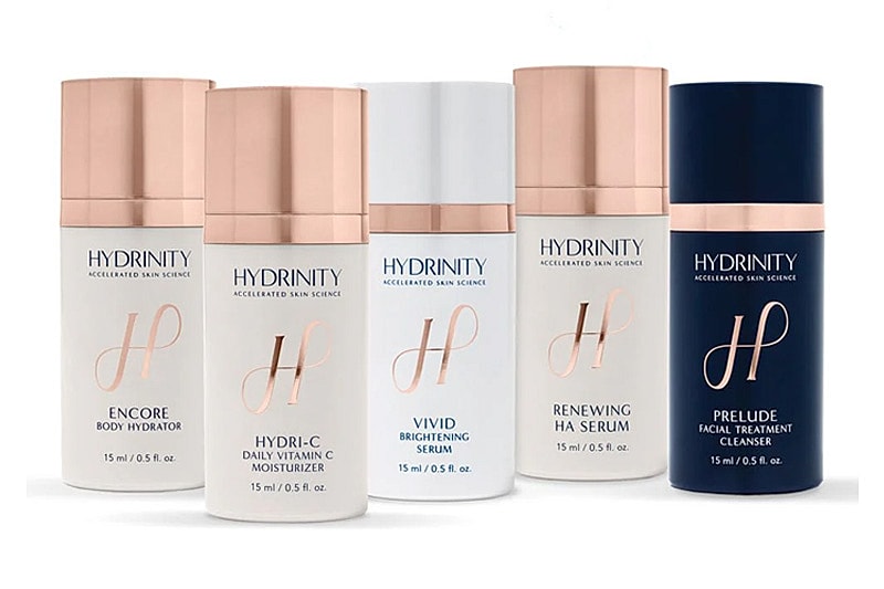 Hydrinity skincare product lineup on a white background.