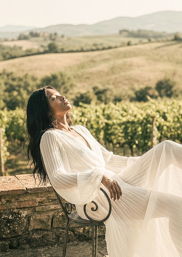 Woman in white dress relaxing outdoors.