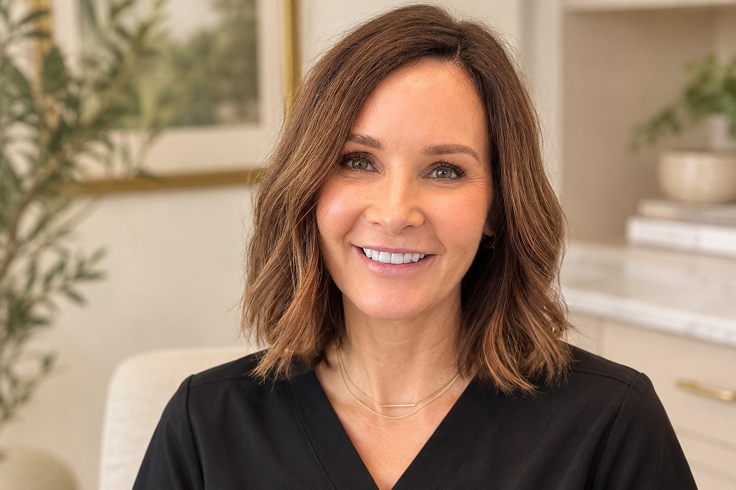 Smiling woman in professional attire, indoor setting.