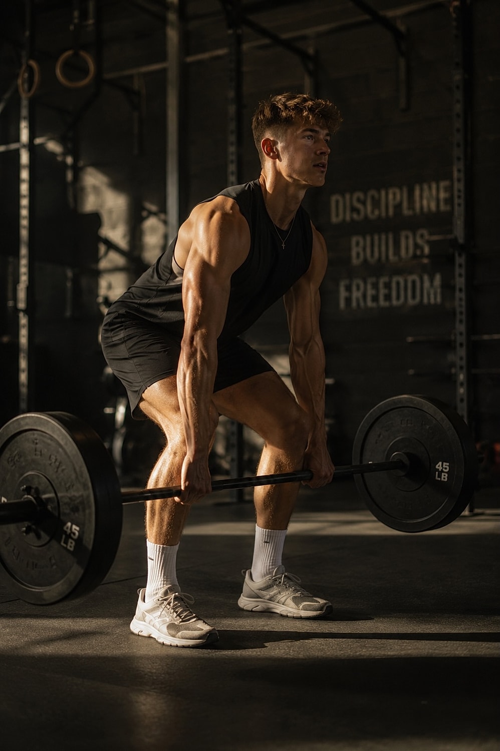 Person lifting weights in a gym setting.