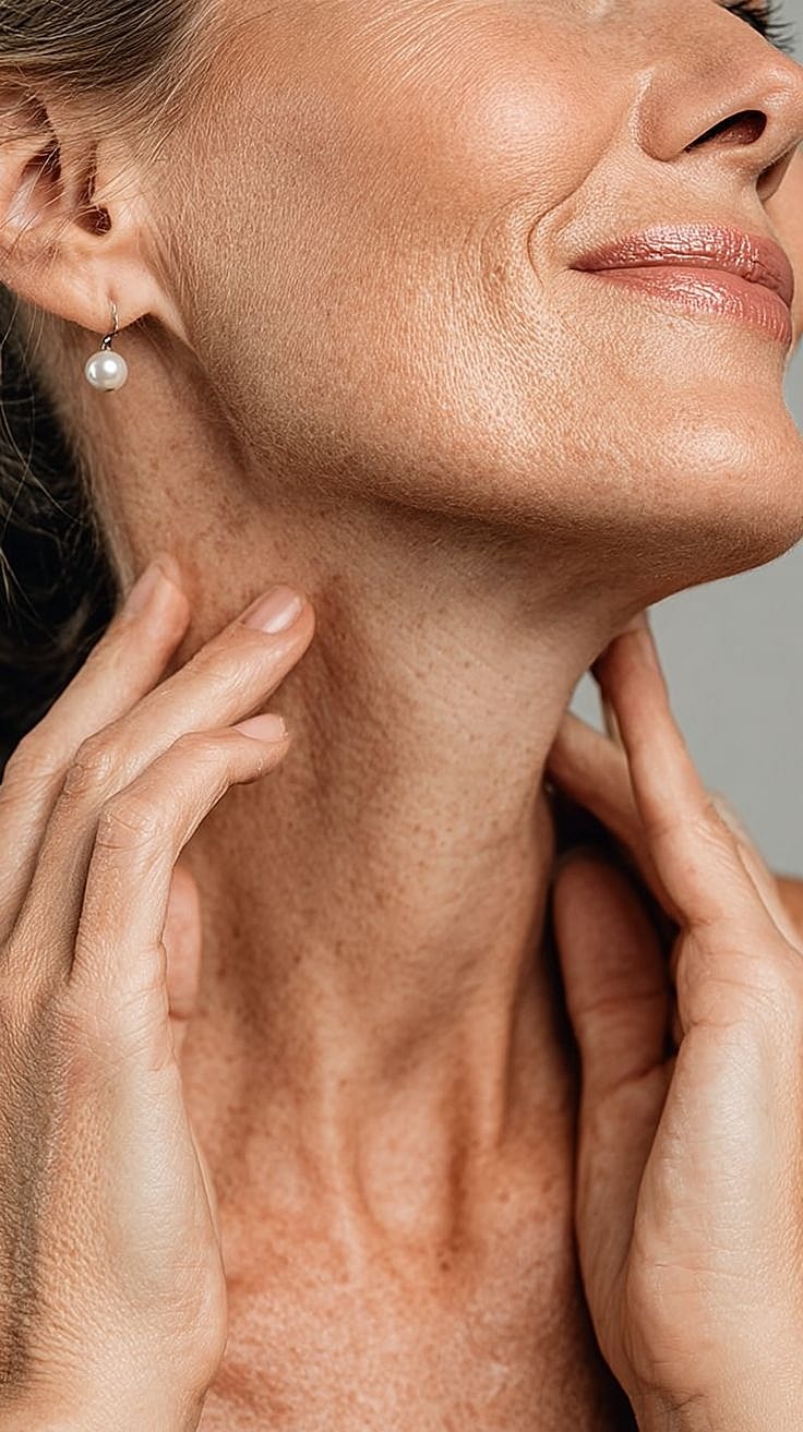 Woman gently touching her neck and face.
