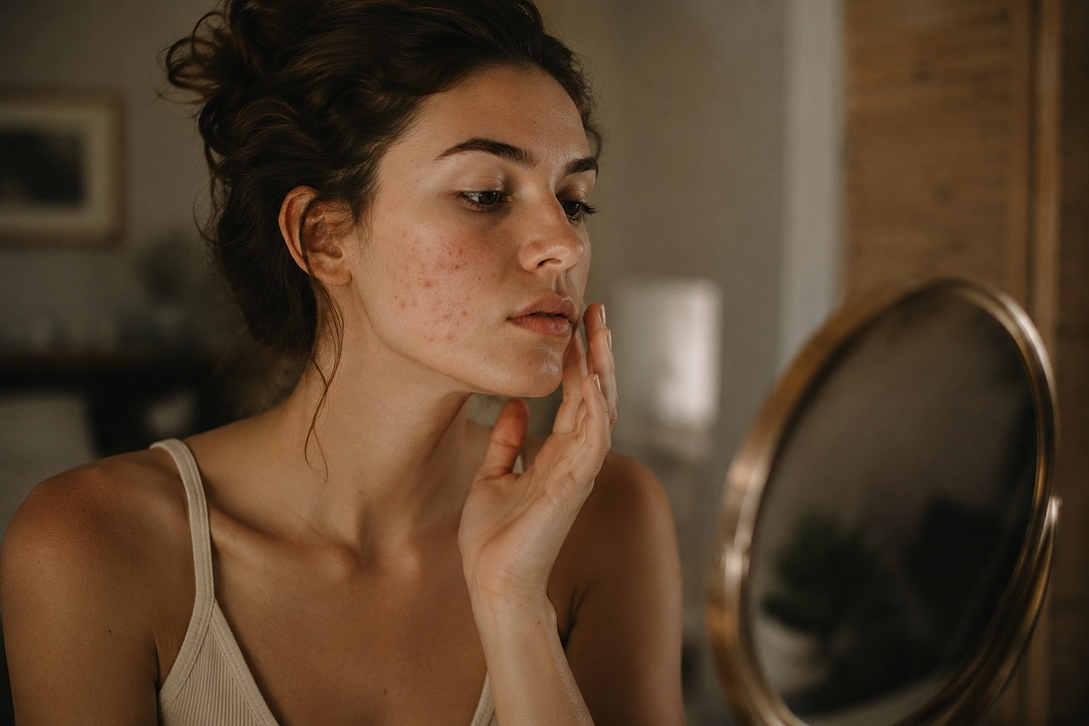 Woman examining her skin in mirror.