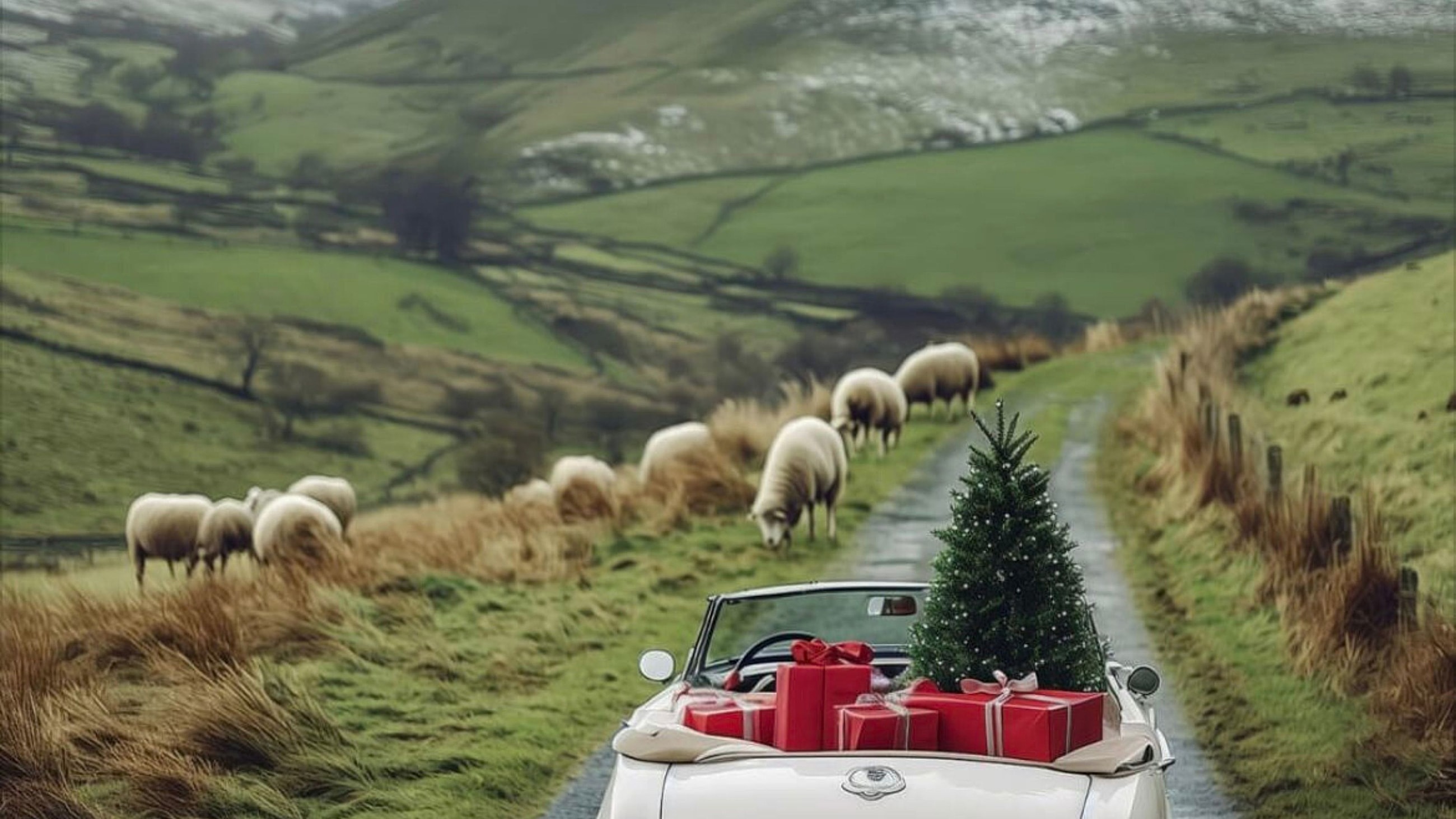 Vintage car with holiday decorations and sheep.