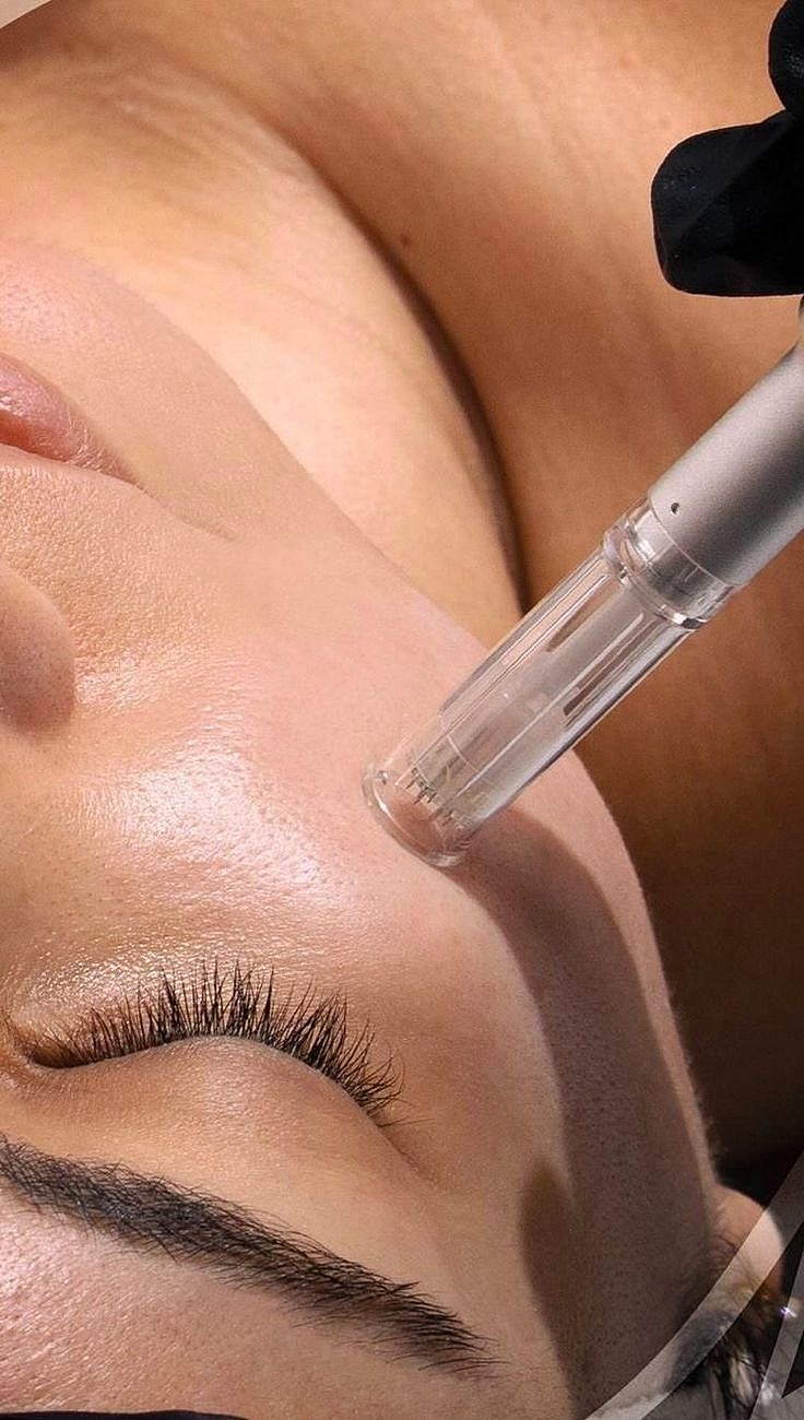 Microneedling procedure on a woman's face.