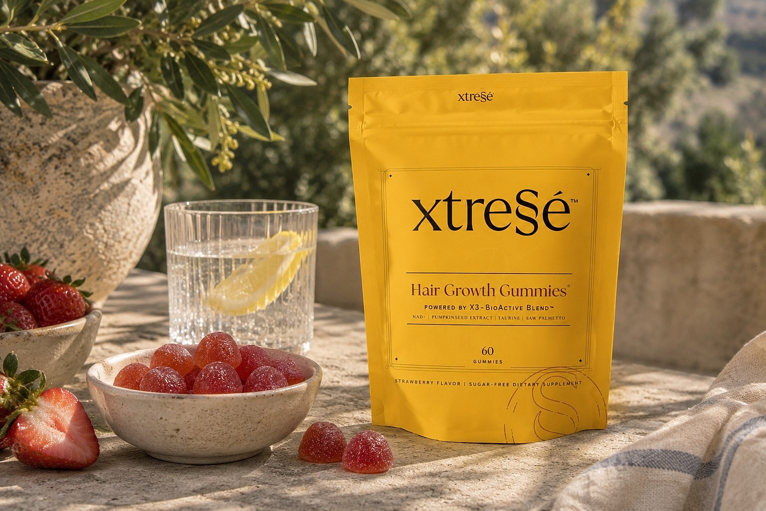 Hair growth gummies with strawberries and water.