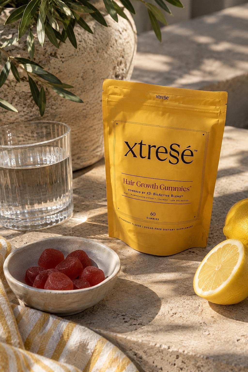 Xtrese Hair Growth Gummies with lemon and water.
